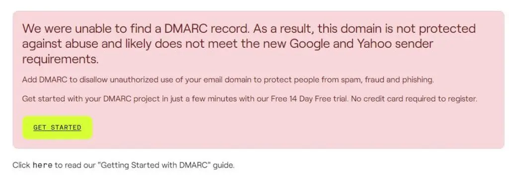 Dmartian reports no DMARC record