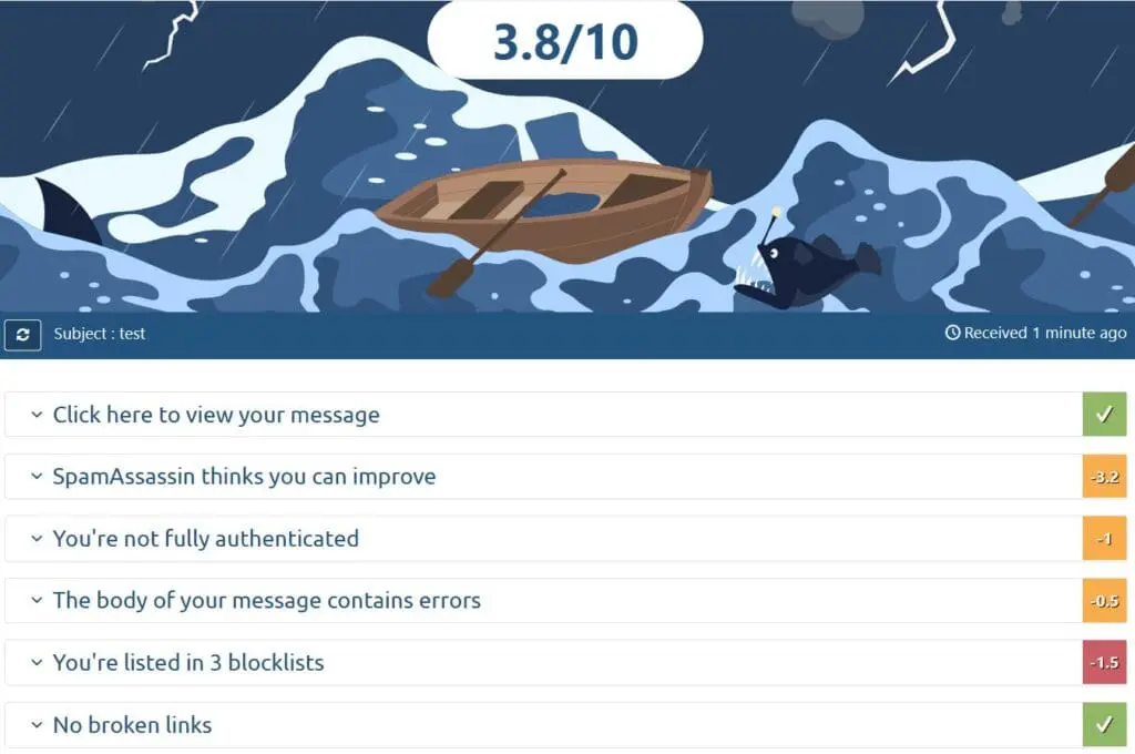 Mail Tester Step 3, results. Poor score
